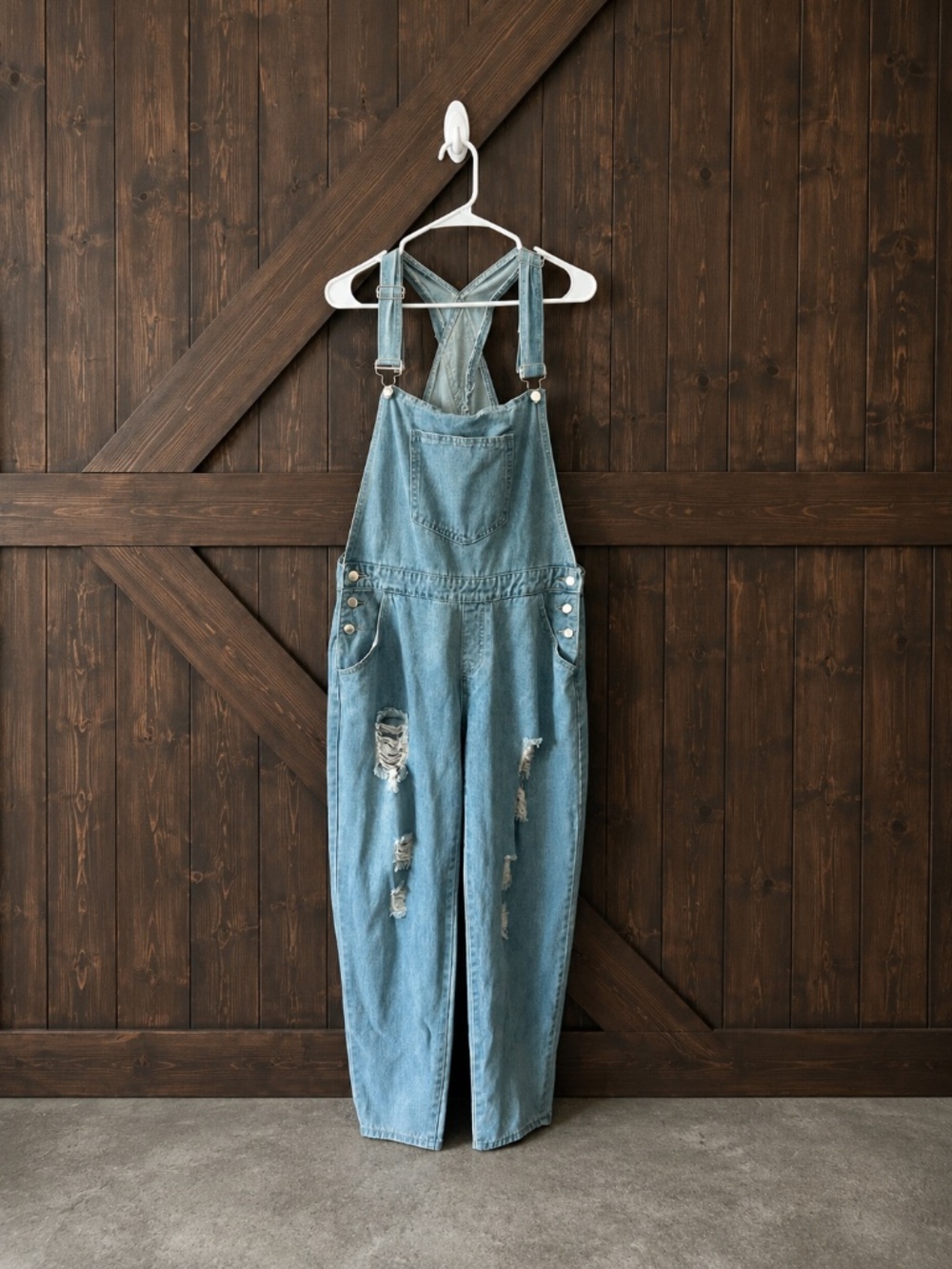 Light Wash Distressed Denim Overalls | Size XL